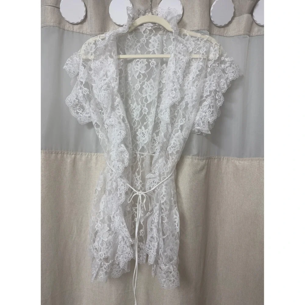 White Floral Lace Robe Ruffle Trim Sheer Short Sleeve Bridal Lingerie Romance OS